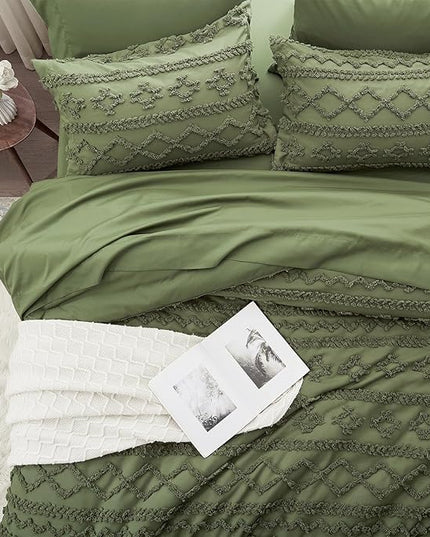 Anluoer Full Comforter Set 7 Pieces, Olive Green Tufted Bed in a Bag with comforters and sheets, All Season Bedding Sets with 1 Comforter, 2 PillowShams, 2 Pillowcases, 1 Flat Sheet, 1 Fitted Sheet - LeafyLoom