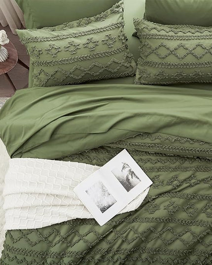Anluoer King Comforter Set 7 Pieces, Olive Green Tufted Bed in a Bag with comforters and sheets, All Season Bedding Sets with 1 Comforter, 2 PillowShams, 2 Pillowcases, 1 Flat Sheet, 1 Fitted Sheet - LeafyLoom