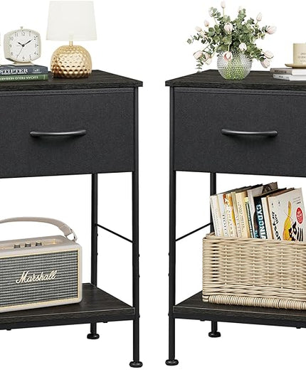 WLIVE Nightstands Set of 2, Black Nightstand with Fabric Storage Drawer and Open Wood Shelf, Night Stand set 2 with Steel Frame, Side Table for Bedroom, Dorm, Charcoal Black, 24.9" Height - LeafyLoom