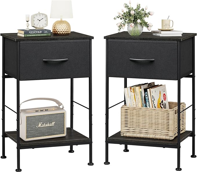 WLIVE Nightstands Set of 2, Black Nightstand with Fabric Storage Drawer and Open Wood Shelf, Night Stand set 2 with Steel Frame, Side Table for Bedroom, Dorm, Charcoal Black, 24.9" Height - LeafyLoom