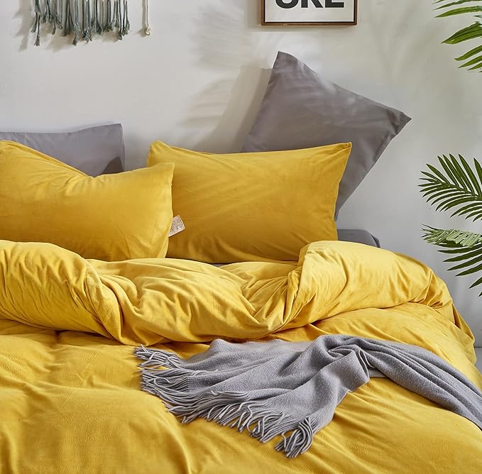 Wellboo Mustard Velvet Comforter Sets California King Women Turmeric Yellow Fluffy Bedding Comforters Cal King Teen Girls Dark Yellow Plush Quilts Soft Warm Winter Flannel Blankets Solid Yellow Bed - LeafyLoom