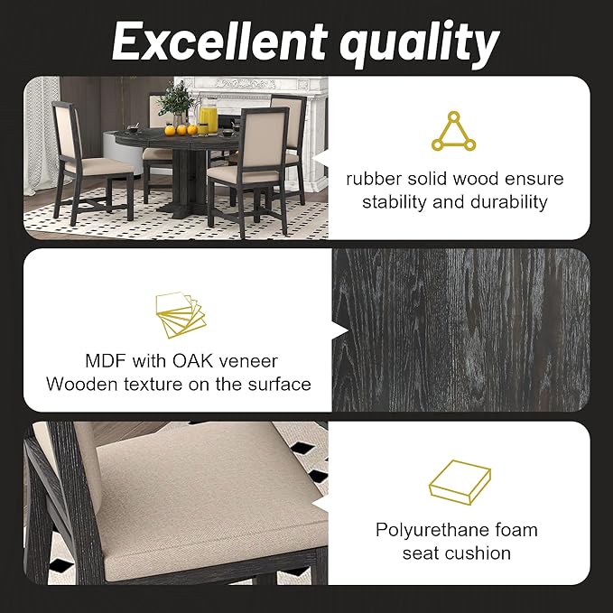 NicBex Small Kitchen Table Set for 4 Round Dining Table Farmhouse Dining Set 5-Piece Dining Set Extendable Round Table and 4 Upholstered Chairs for Kitchen, Black - LeafyLoom