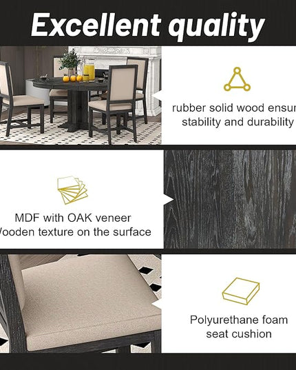 Farmhouse Style Extendable Round 4 Upholstered Chairs, Solid Wood Retro, Easy Assembly, Room, Kitchen, 5 Piece Dining Table Set, Black 16 - LeafyLoom