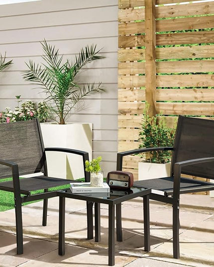 Greesum 3 Pieces Patio Furniture Outdoor Bistro Set Textilene Fabric Chairs for Lawn, Garden, Balcony, Poolside with A Glass Coffee Table, Black - LeafyLoom