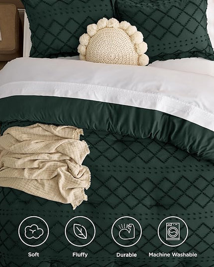 Bedsure California King Comforter Set - Forest Green Comforter, Boho Tufted Shabby Chic Bedding Comforter Set, 3 Pieces Farmhouse Bed Set for All Seasons, Fluffy Bedding Set with 2 Pillow Shams - LeafyLoom