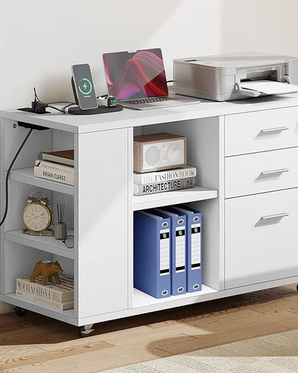 YITAHOME File Cabinet with Charging Station, Mobile Lateral Filing Cabinet with Lock for Home Office, Printer Stand with Open Storage Shelf, Fits A4, Letter, Legal Size Files, Office Furniture, White - LeafyLoom