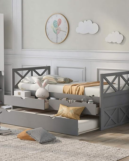 Twin Size Daybed with Storage Drawers and Trundle, Wood Twin Captains Bed frame for Bedroom and Living Room, Gray - LeafyLoom