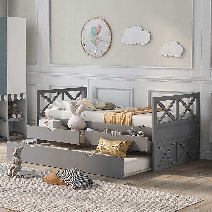 Twin Size Daybed with Storage Drawers and Trundle, Wood Twin Captains Bed frame for Bedroom and Living Room, Gray - LeafyLoom