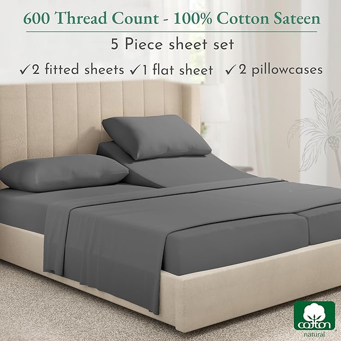 California Design Den Split King Sheet Set - 100% Cotton, 600 Thread Count, Breathable Luxury King Size Sheets for Adjustable Bed, Luxury Hotel-Quality Sheets with Soft Sateen Weave - Grey - LeafyLoom