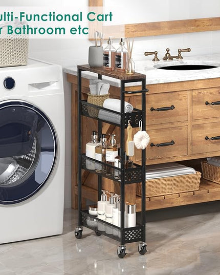 Slim Storage Cart 4 Tier Narrow Kitchen Rolling Cart on Wheels for Small Space, Mobile Utility Cart Shelving Unit with Wooden Top and Metal Handle for Kitchen, Bathroom, Laundry Room - LeafyLoom