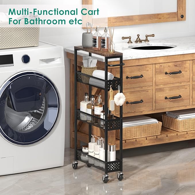 Slim Storage Cart 4 Tier Narrow Kitchen Rolling Cart on Wheels for Small Space, Mobile Utility Cart Shelving Unit with Wooden Top and Metal Handle for Kitchen, Bathroom, Laundry Room - LeafyLoom