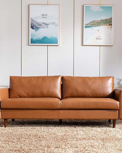 Dreamsir 80'' Faux Leather Sofa Couch, Mid-Century Modern Sofa with Solid Wooden Frame & Padded Cushions, 3-Seater Couch for Living Room, Apartment, Lounge Room (Brown) - LeafyLoom