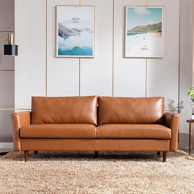 Dreamsir 80'' Faux Leather Sofa Couch, Mid-Century Modern Sofa with Solid Wooden Frame & Padded Cushions, 3-Seater Couch for Living Room, Apartment, Lounge Room (Brown) - LeafyLoom