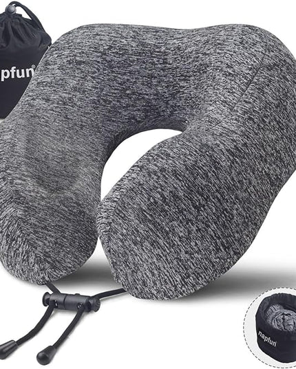 napfun Travel Pillow for Airplane, Premium Memory Foam Neck Pillow for Flight Headrest Sleep, Portable Plane Accessories, Deep Gray - LeafyLoom