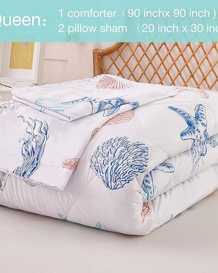 JSD 3 Piece Queen Beach Theme Kids Comforter Set, Jellyfish Starfish Shell Printed Comforter with Pillow Sham, Soft Comfortable Machine Washable - LeafyLoom