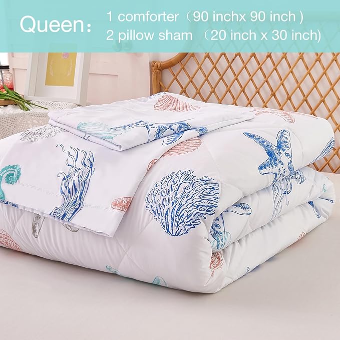 JSD 3 Piece Queen Beach Theme Kids Comforter Set, Jellyfish Starfish Shell Printed Comforter with Pillow Sham, Soft Comfortable Machine Washable - LeafyLoom