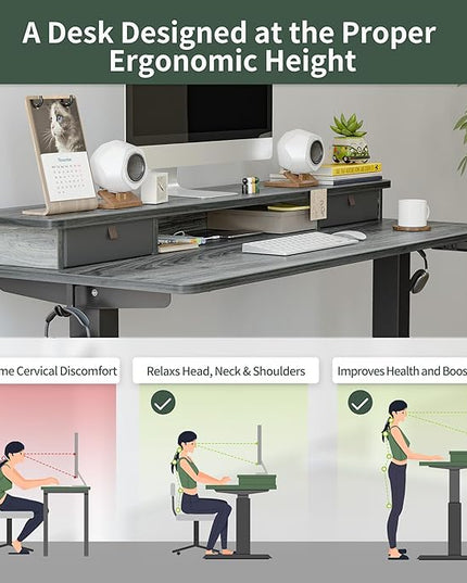 FEZIBO 60 x 24 Inch Height Adjustable Electric Standing Desk with Double Drawer, Stand Up Desk with Storage Shelf, Sit Stand Desk, Grey - LeafyLoom