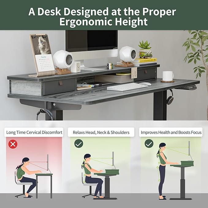 FEZIBO 60 x 24 Inch Height Adjustable Electric Standing Desk with Double Drawer, Stand Up Desk with Storage Shelf, Sit Stand Desk, Grey - LeafyLoom