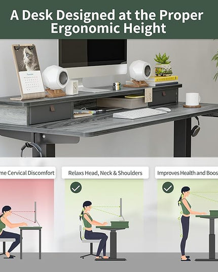 FEZIBO 55 x 24 Inch Height Adjustable Electric Standing Desk with Double Drawer, Stand Up Desk with Storage Shelf, Sit Stand Desk, Grey - LeafyLoom