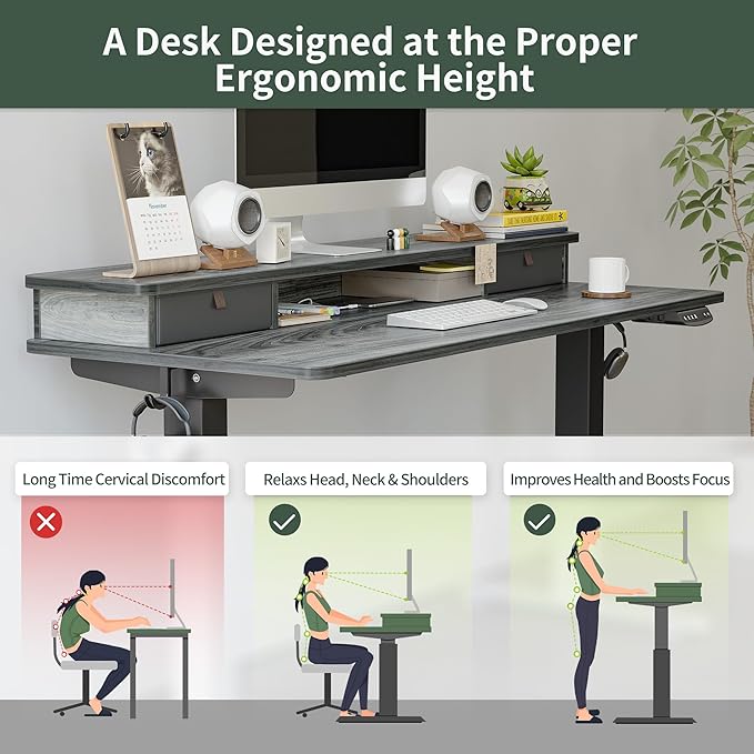 FEZIBO 55 x 24 Inch Height Adjustable Electric Standing Desk with Double Drawer, Stand Up Desk with Storage Shelf, Sit Stand Desk, Grey - LeafyLoom