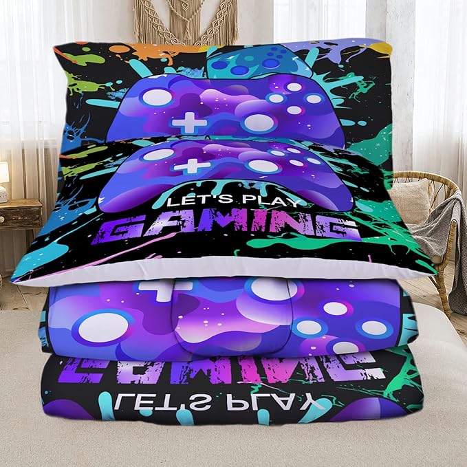 Sunnycitron Gaming Comforter sets for Boys Bedding Sets Kids Bed Comforter Set Gamer Bedding with Comforter Full size Boys Teen Gamer Gamepad Comforter Set for Gaming bed,1 Comforter 2Pillowcases - LeafyLoom