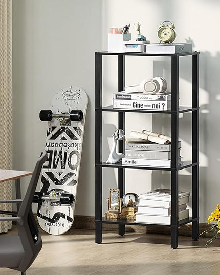 4 Tier Tall Wooden Bookshelf with Storage, Narrow Bookcase for Small Space, Small Book Shelf for Living Room, Office, Bedroom, Kitchen, Industrial, Black - LeafyLoom