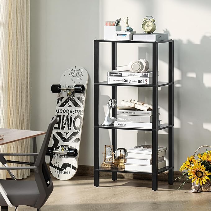 4 Tier Tall Wooden Bookshelf with Storage, Narrow Bookcase for Small Space, Small Book Shelf for Living Room, Office, Bedroom, Kitchen, Industrial, Black - LeafyLoom