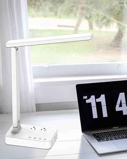 Drevet LED Desk Lamp, Desk Light with 1 USB Charging Port and 2 AC Power Outlet, 3 Lighting Modes, 3 Level Brightness,1H Timer, Touch Control, Eye-Caring Home Office Foldable Table Lamp (White) - LeafyLoom
