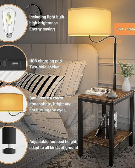 LED Floor Lamp with Table - Rustic Side Table with LED Light and Power Outlet, Bedside Nightstand with Lamp, End Table with Lamp Attached for Living Room, Bedroom, USB Ports, Bulb Included - LeafyLoom
