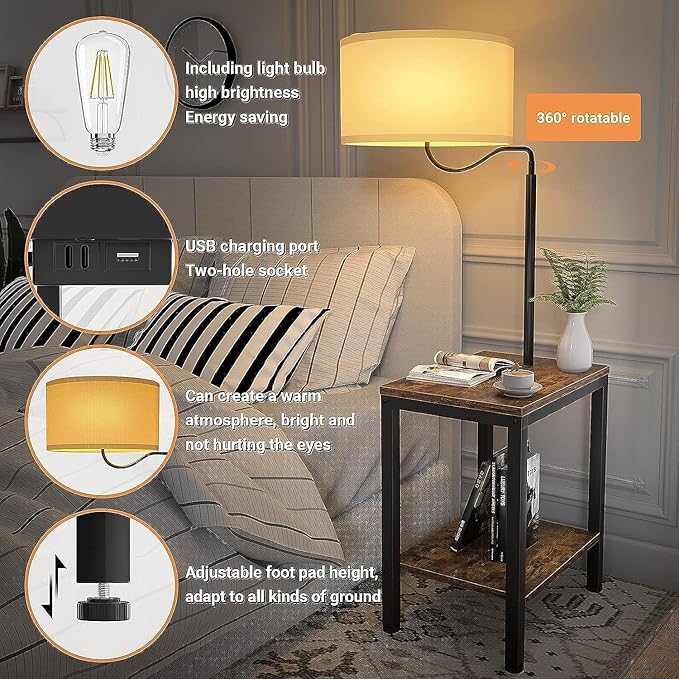LED Floor Lamp with Table, Rustic Brown Side Table with LED Light and Power Outlet, Nightstand with Lamp, End Table with Lamp Attached for Living Room Bedroom, USB Ports, Bulb Included, 2 Pack - LeafyLoom