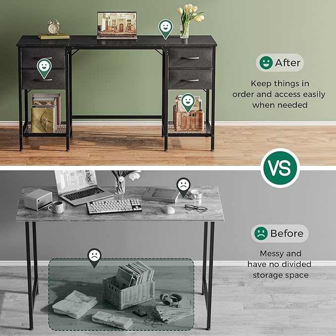 55 Inch Computer Desk with 4 Drawers, Office Desk with Mesh Shelf, Gaming Desk, Large Storage, Writing Desk Work Desk for Home Office, Study, Bedroom, Work from Home, Black - LeafyLoom