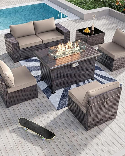 Kullavik 7 Pieces Outdoor Patio Furniture Set with 43" 55000BTU Gas Propane Fire Pit Table PE Wicker Rattan Sectional Sofa Patio Conversation Sets,Khaki - LeafyLoom