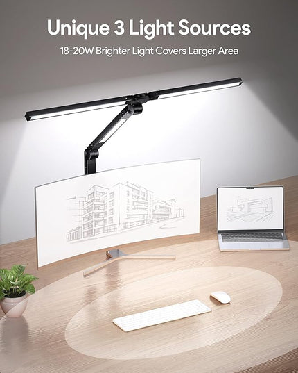 MediAcous LED Desk Lamp with Clamp, 20W Three Lights Desk Light for Home Office, Flexible Swing Arm, Control Box, 4 Color Modes, 4 Brightness, Memory Function, Eye-Caring Clip-on Lamp for Workbench - LeafyLoom