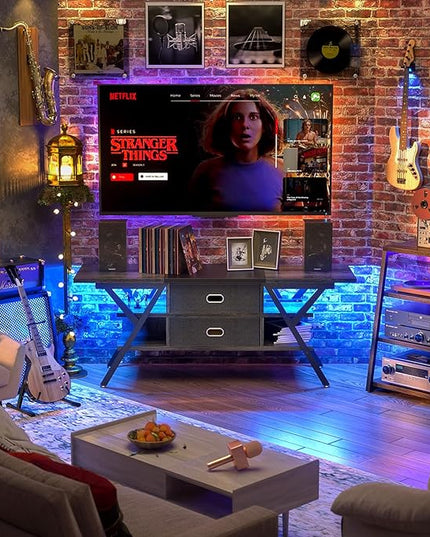 TV Stand for 55''/65'' TV - LED TV Stands with Power Outlets, TV Entertainment Center with Storage, Modern Gaming TV Stand with Drawers for Bedroom, Entertainment Stand for Living Room, Gray & Black - LeafyLoom