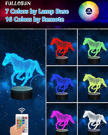 FULLOSUN Horse Night Light, Horse Gift for Girls, 3D Horse Night Lights with Remote Contro 16 RGB Colors Changeable Kids Room Boys Girls Gift for Holiday Birthday Xmas Creative Decoration - LeafyLoom
