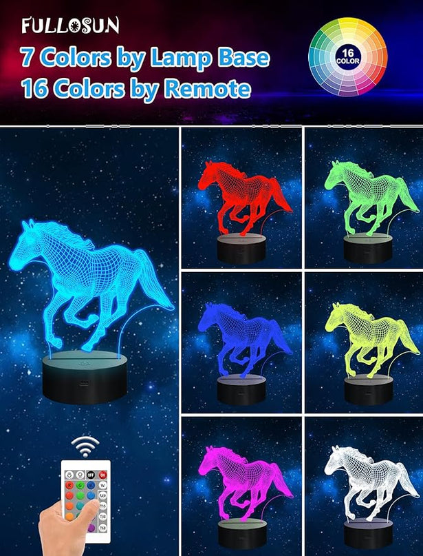 FULLOSUN Horse Night Light, Horse Gift for Girls, 3D Horse Night Lights with Remote Contro 16 RGB Colors Changeable Kids Room Boys Girls Gift for Holiday Birthday Xmas Creative Decoration - LeafyLoom