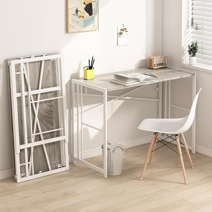 EMODA Folding Computer Desk 40 inch, No Assembly Needed Home Office Table Study Writing Gaming Desk, Beige - LeafyLoom