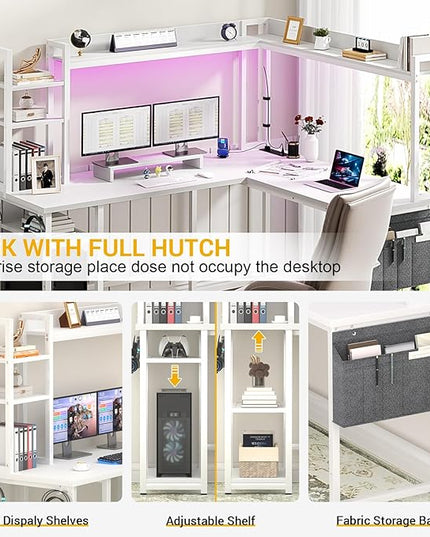 Aheaplus L Shaped Desk with Power Outlet, L Shaped Gaming Desk with Led Light & Hutch, Reversible Home Office Desk, Corner Computer Desk Writing Desk with Monitor Stand & Storage Shelves, White - LeafyLoom