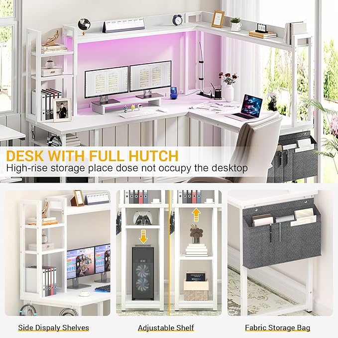 Aheaplus L Shaped Desk with Power Outlet, L Shaped Gaming Desk with Led Light & Hutch, Reversible Home Office Desk, Corner Computer Desk Writing Desk with Monitor Stand & Storage Shelves, White - LeafyLoom