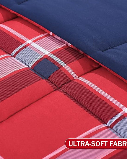 downluxe Twin Comforter Set (66"x92") 2-Piece,Plaid Red Reversible Comforter,1 Reversible Pillow Sham 20"x26",Microfiber Comforter,Soft and Comfortable - LeafyLoom
