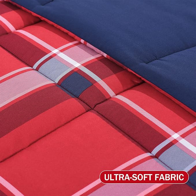 downluxe Twin Comforter Set (66"x92") 2-Piece,Plaid Red Reversible Comforter,1 Reversible Pillow Sham 20"x26",Microfiber Comforter,Soft and Comfortable - LeafyLoom