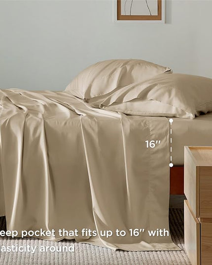 Bedsure King Size Sheet Set, Cooling Sheets King, Rayon Derived from Bamboo, Deep Pocket Up to 16", Breathable & Soft Bed Sheets, Hotel Luxury Silky Bedding Sheets & Pillowcases, Beige - LeafyLoom