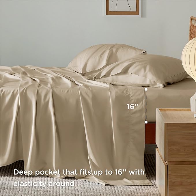 Bedsure King Size Sheet Set, Cooling Sheets King, Rayon Derived from Bamboo, Deep Pocket Up to 16", Breathable & Soft Bed Sheets, Hotel Luxury Silky Bedding Sheets & Pillowcases, Beige - LeafyLoom