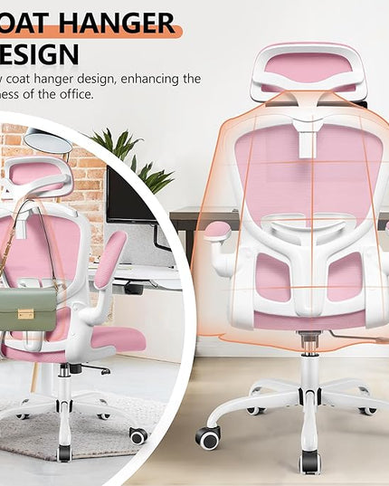 FelixKing Office Chair with Headrest, Ergonomic Desk Chair with Wheels, Task Swivel Comfy Chair with Adjustable Lumbar Support, Breathable Mesh Computer Chair with flip-up Armrests for Home (Pink) - LeafyLoom