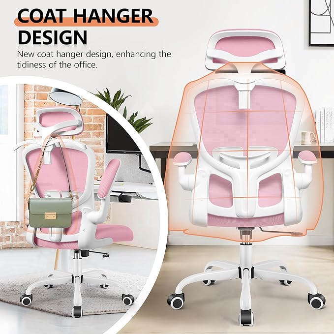 FelixKing Office Chair with Headrest, Ergonomic Desk Chair with Wheels, Task Swivel Comfy Chair with Adjustable Lumbar Support, Breathable Mesh Computer Chair with flip-up Armrests for Home (Pink) - LeafyLoom