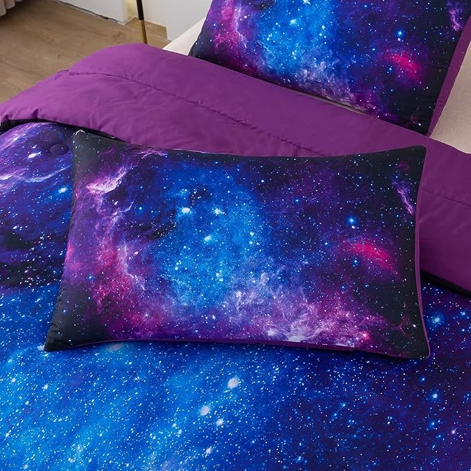 NINENINE Galaxy Bedding 5PCS Twin Size Comforter Sets for Girls Purple Bedding Set Bed in a Bag Space Bedding Set(1Comforter, 1Flat Sheet, 1Fitted Sheet, 2Pillowcases)… - LeafyLoom
