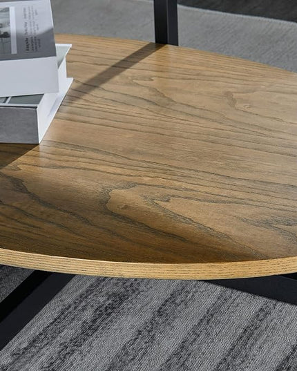 Solid Wood Oval Coffee Table with Cross Metal Legs, 43.3in Modern Industrail Center Table with Open Shelf Cocktail Tea Table for Living Room Bedroom, Rustic Nature 1811 - LeafyLoom