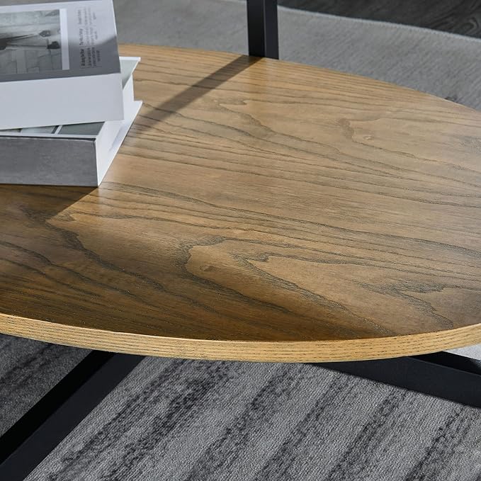 Solid Wood Oval Coffee Table with Cross Metal Legs, 43.3in Modern Industrail Center Table with Open Shelf Cocktail Tea Table for Living Room Bedroom, Rustic Nature 1811 - LeafyLoom