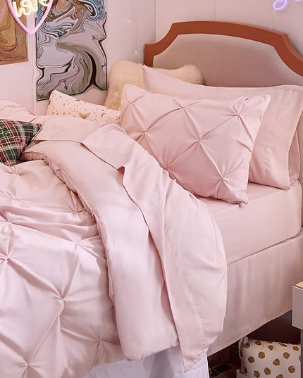 Bedsure Pink Twin Comforter Set for Girls - 5 Pieces Twin Bedding Sets, Pinch Pleat Pink Twin Bed in a Bag with Comforter, Sheets, Pillowcase & Sham - LeafyLoom