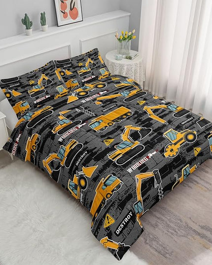 Datura home Kids Engineering Car Bedding Comforter Set Tractor Truck Printed Pattern Bedding Set with 1 Comforter and 2 Pillowcases for Boys Bedroom All Season(Truck2 Full) Full 80x90inches - LeafyLoom